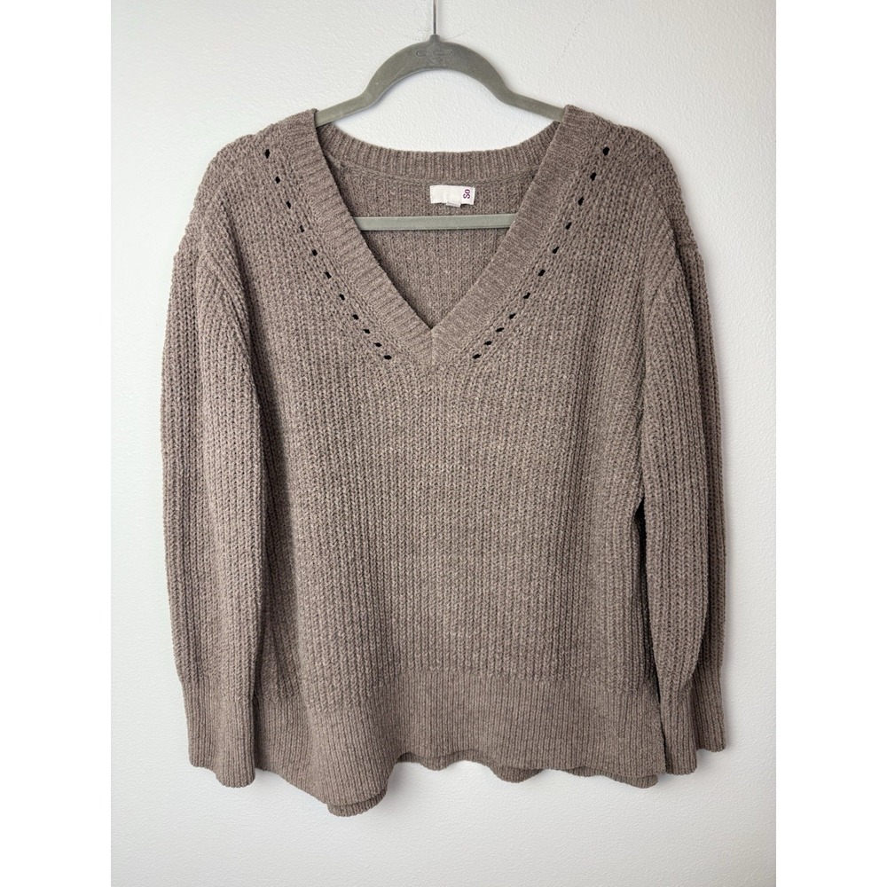 So Womens Sweater Brown Knit Long Sleeve V-Neck Pullover Polyester Size Large